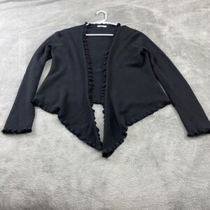 Garnet Hill Black 100% Cashmere Ruffle Trim Open Front Cardigan Sweater Small